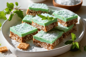 Sliced Aussie Crunch Minty Chocolate Coconut bars topped with green mint chocolate and coconut flakes