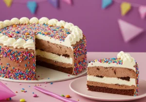 Baskin Robbins Ice Cream Cake with vibrant ice cream layers and colorful decorations.