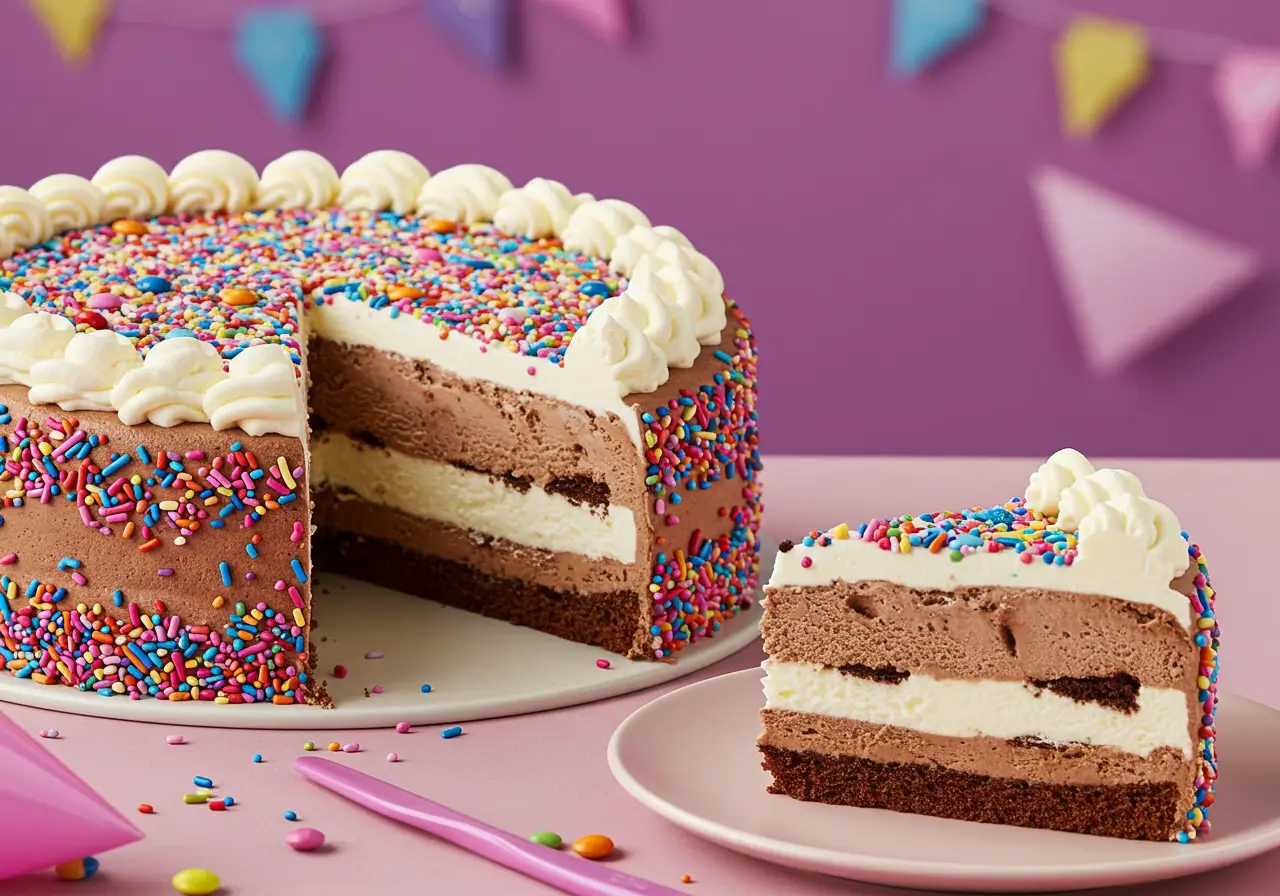Baskin Robbins Ice Cream Cake with vibrant ice cream layers and colorful decorations.